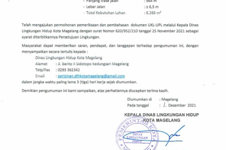 Permohonan Persetujuan Lingkungan Penyelenggaraan Jalan Kabupaten/Kota Rehabilitasi Jl Barito II